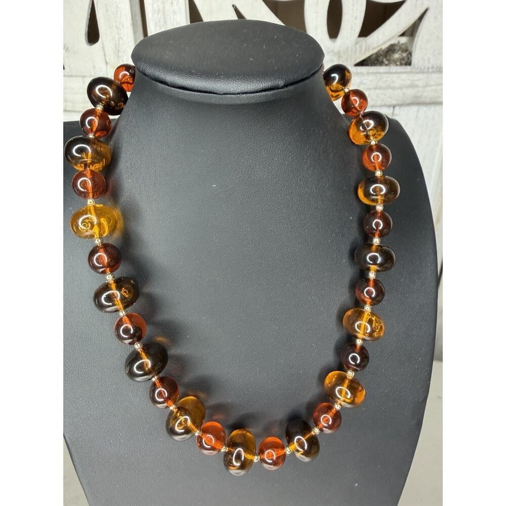 Vintage Brown Yellow Lucite Long Necklace Barrel Round Beaded New!